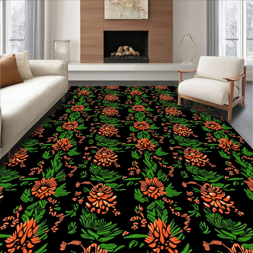 Ornate Orange Floral Green Garden Rug