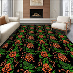 Ornate Orange Floral Green Garden Rug