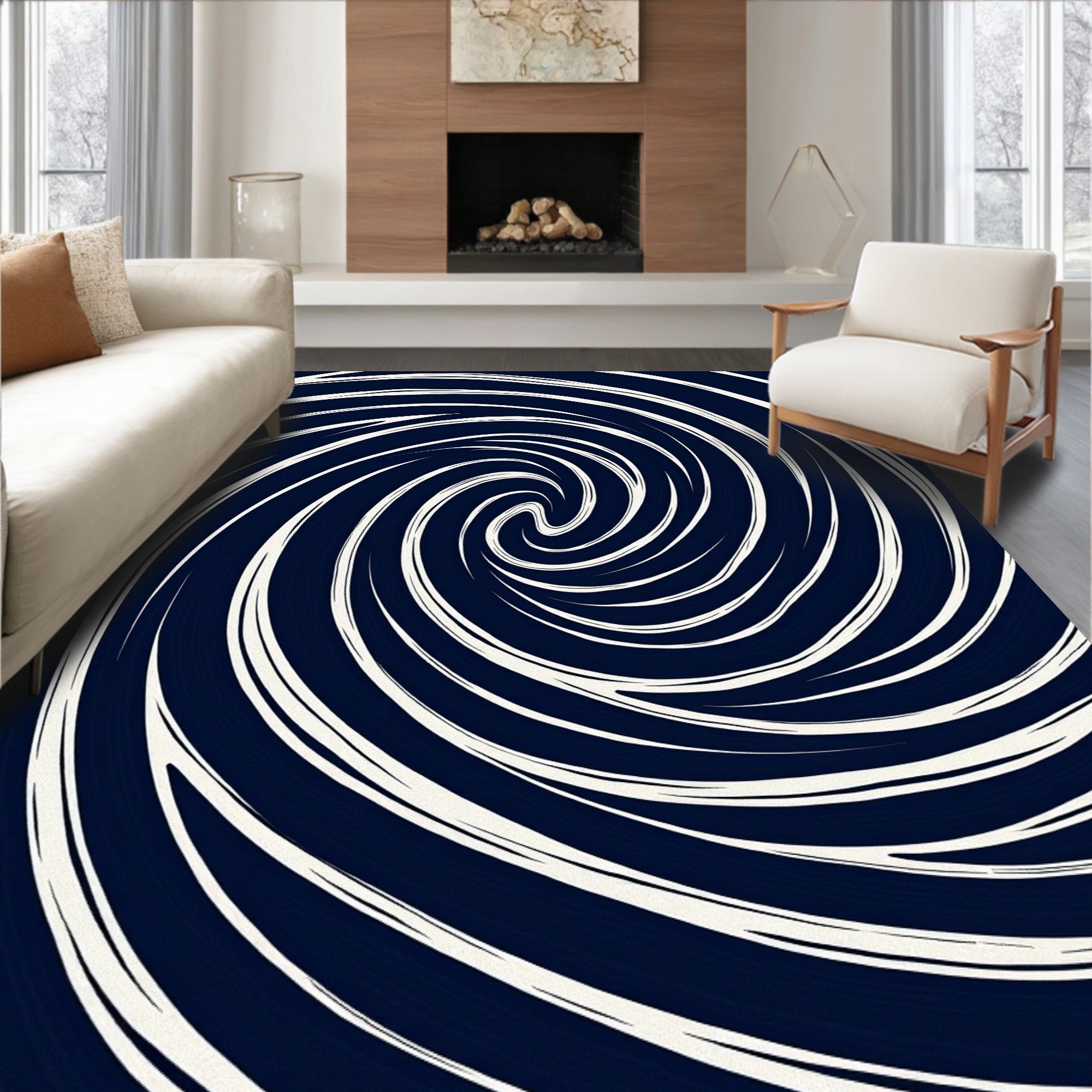 Deep Blue Spiral Swirl Pattern Rug