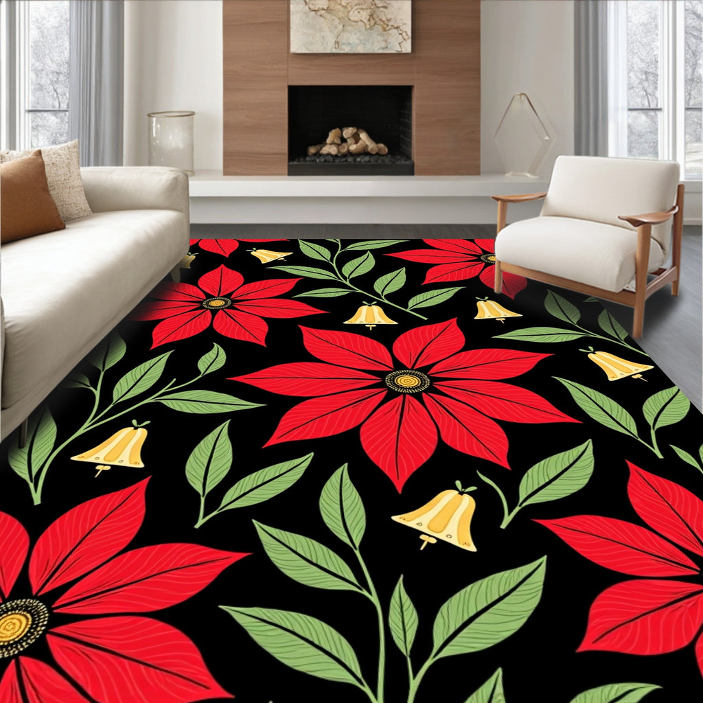 Classic Red Poinsettia Bell Floral Rug