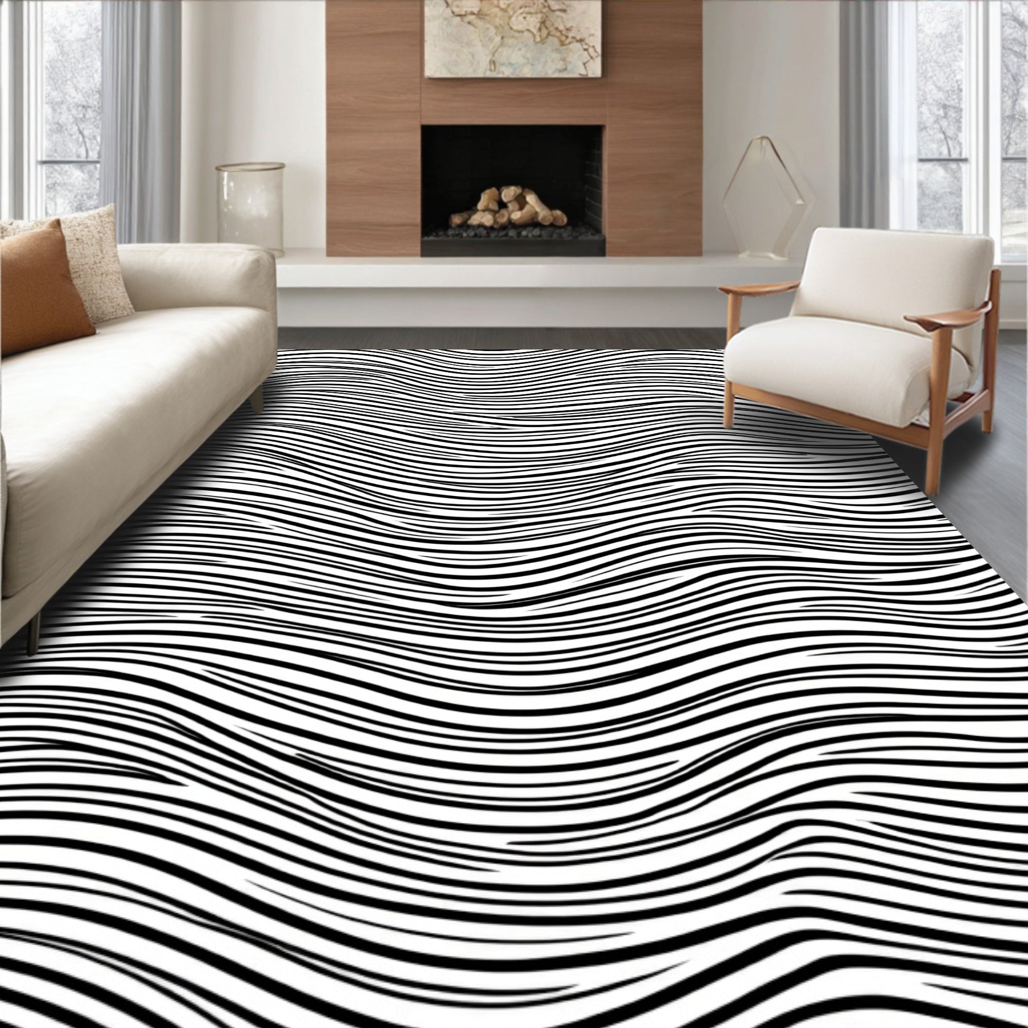 Bold Black White Wave Stripe Pattern Rug