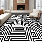 Black White Geometric Maze Pattern Rug