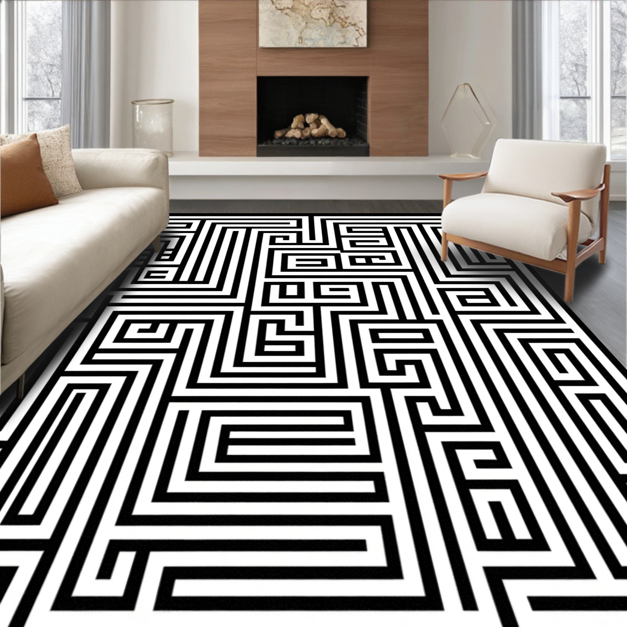 Black White Geometric Maze Pattern Rug