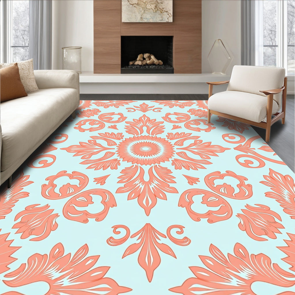 Coral Aqua Floral Damask Design Rug