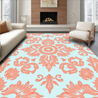 Coral Aqua Floral Damask Design Rug