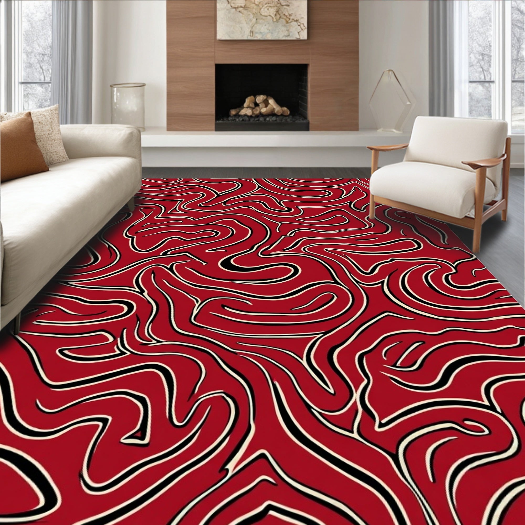 Crimson Abstract Swirl Pattern Rug