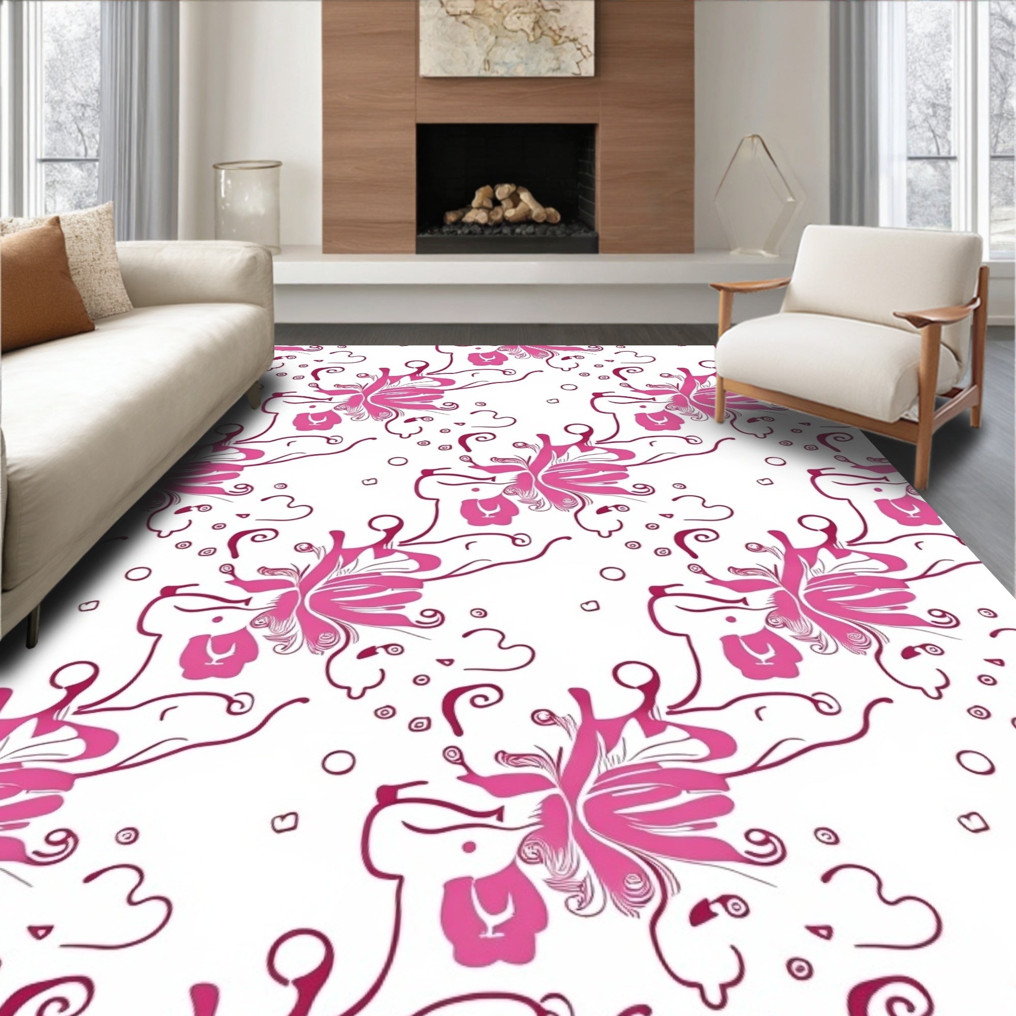 Abstract Pink Butterfly Flourish Pattern Rug