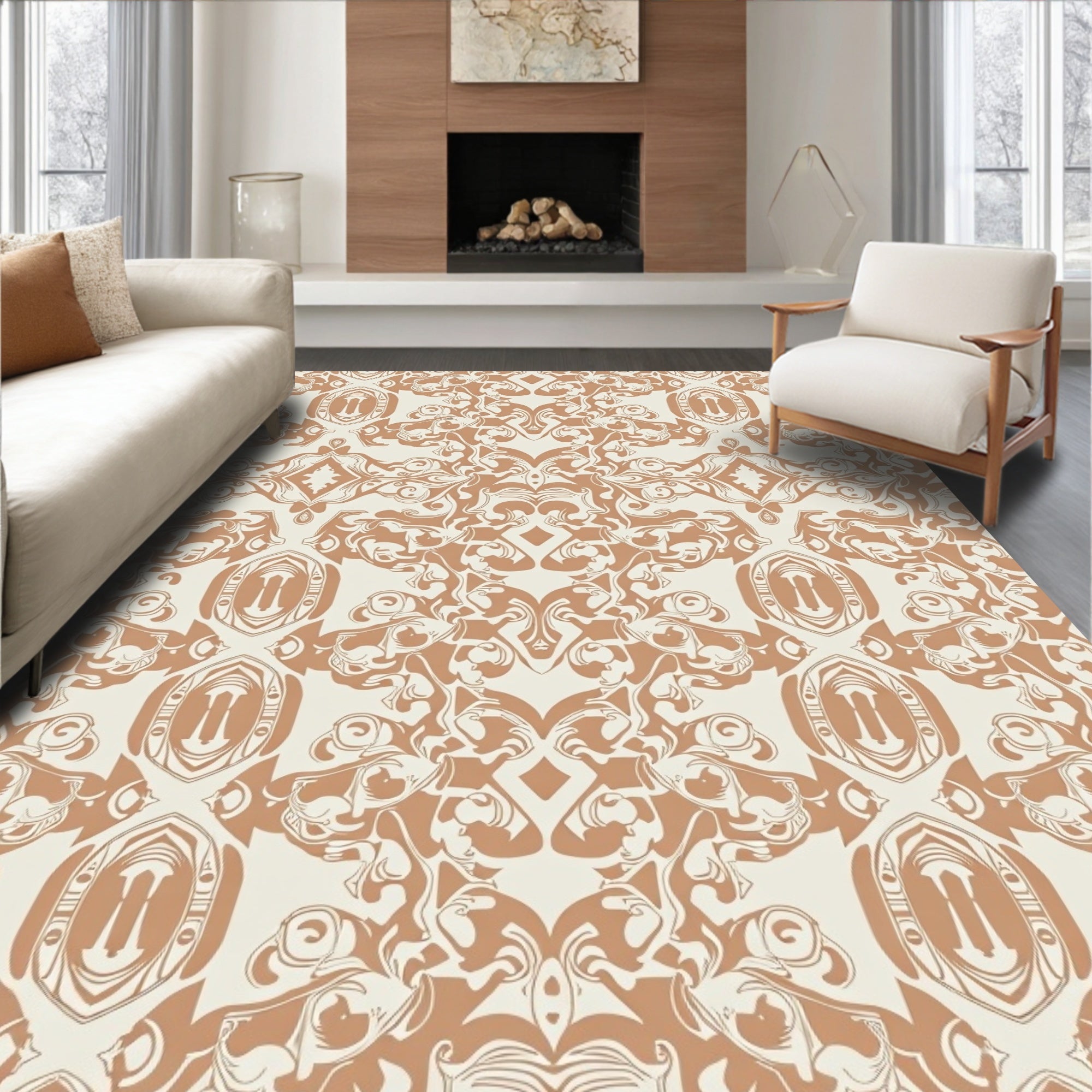 Ornate Tan and Cream Vintage Pattern Rug