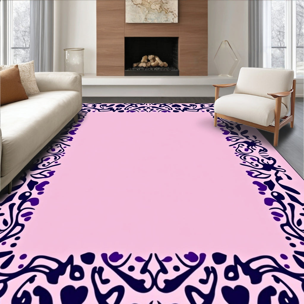 Dark Blue Floral Vine Pink Border Rug