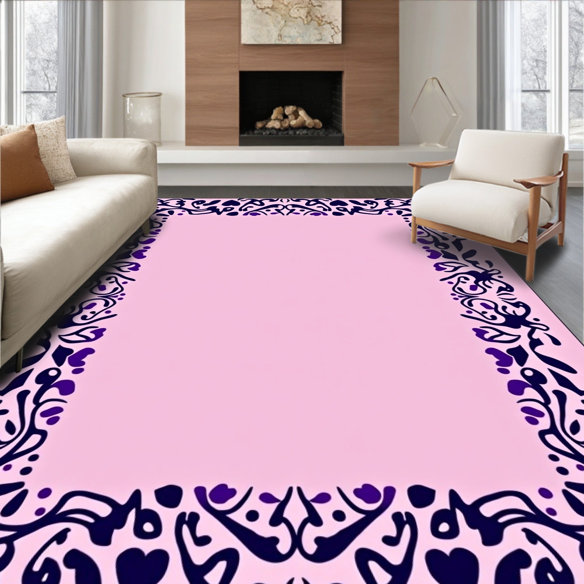 Dark Blue Floral Vine Pink Border Rug