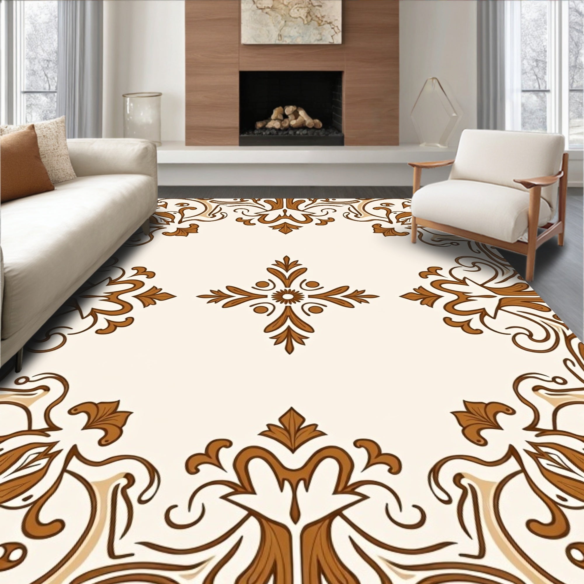 Ornate Leaf Scrollwork Border Design Rug