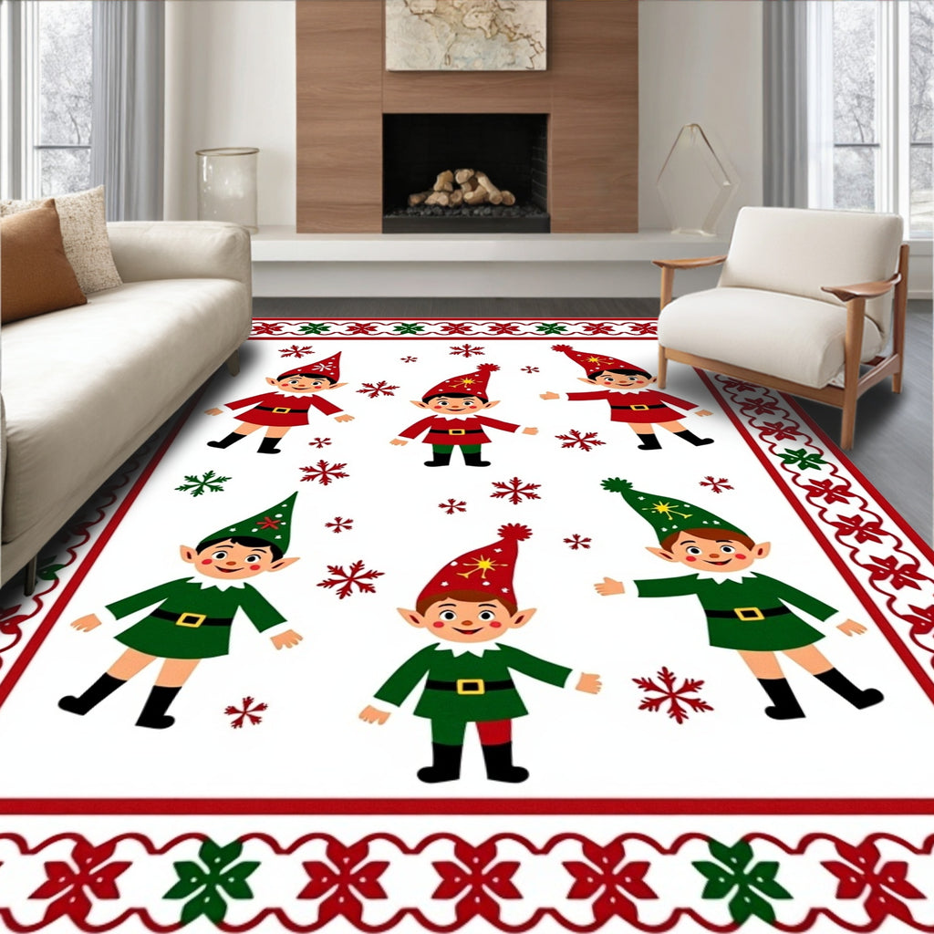 Festive Elves And Snowflakes Border Rug