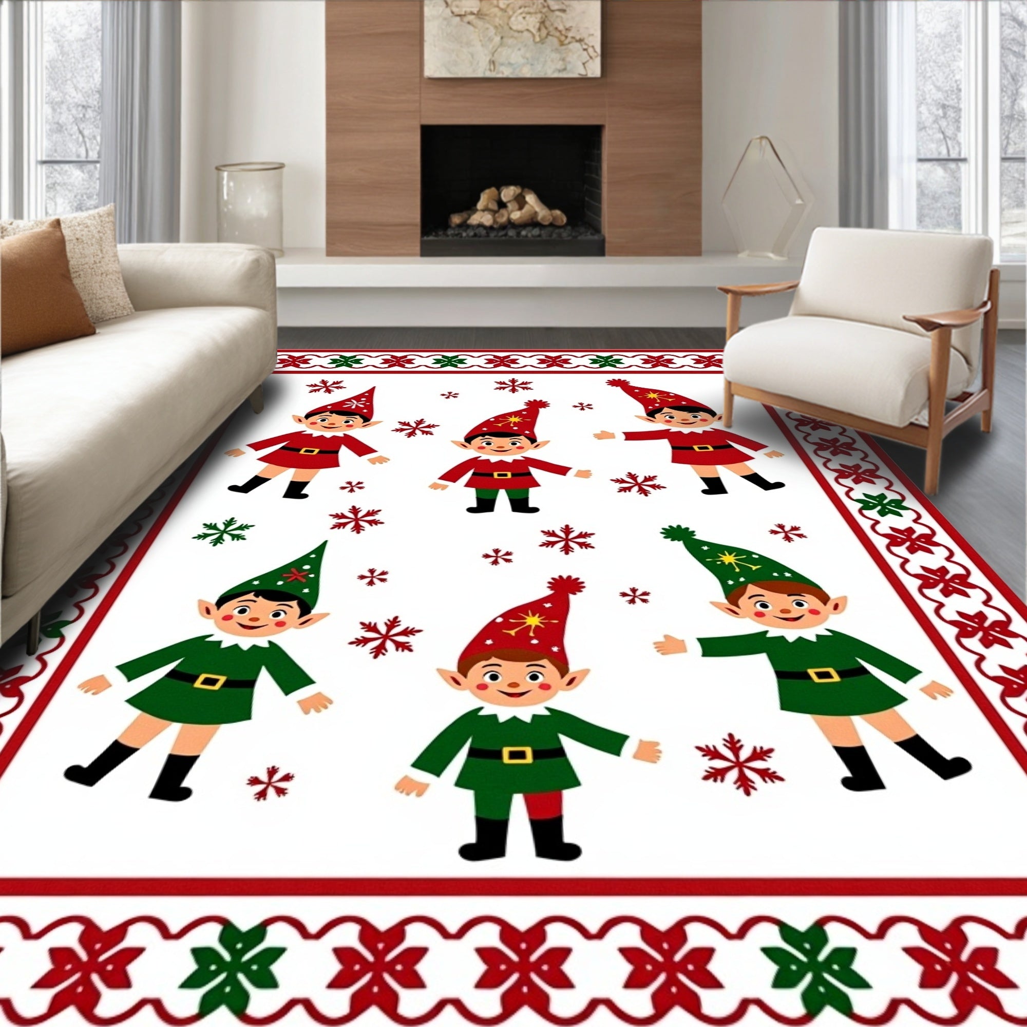 Festive Elves And Snowflakes Border Rug