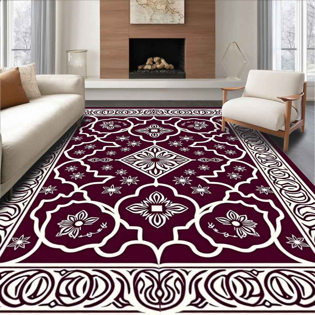 Deep Burgundy Cream Floral Medallion Pattern Rug