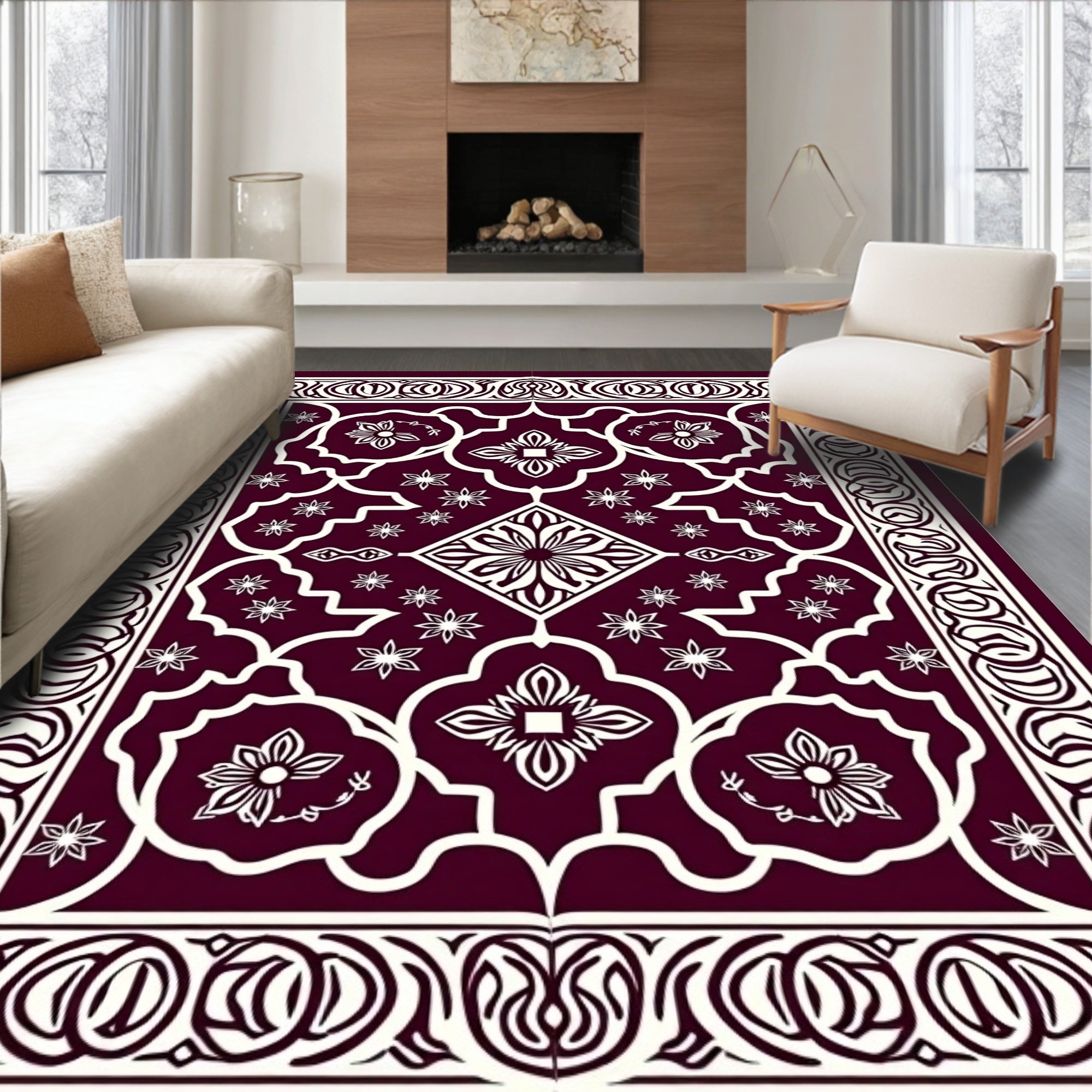 Deep Burgundy Cream Floral Medallion Pattern Rug