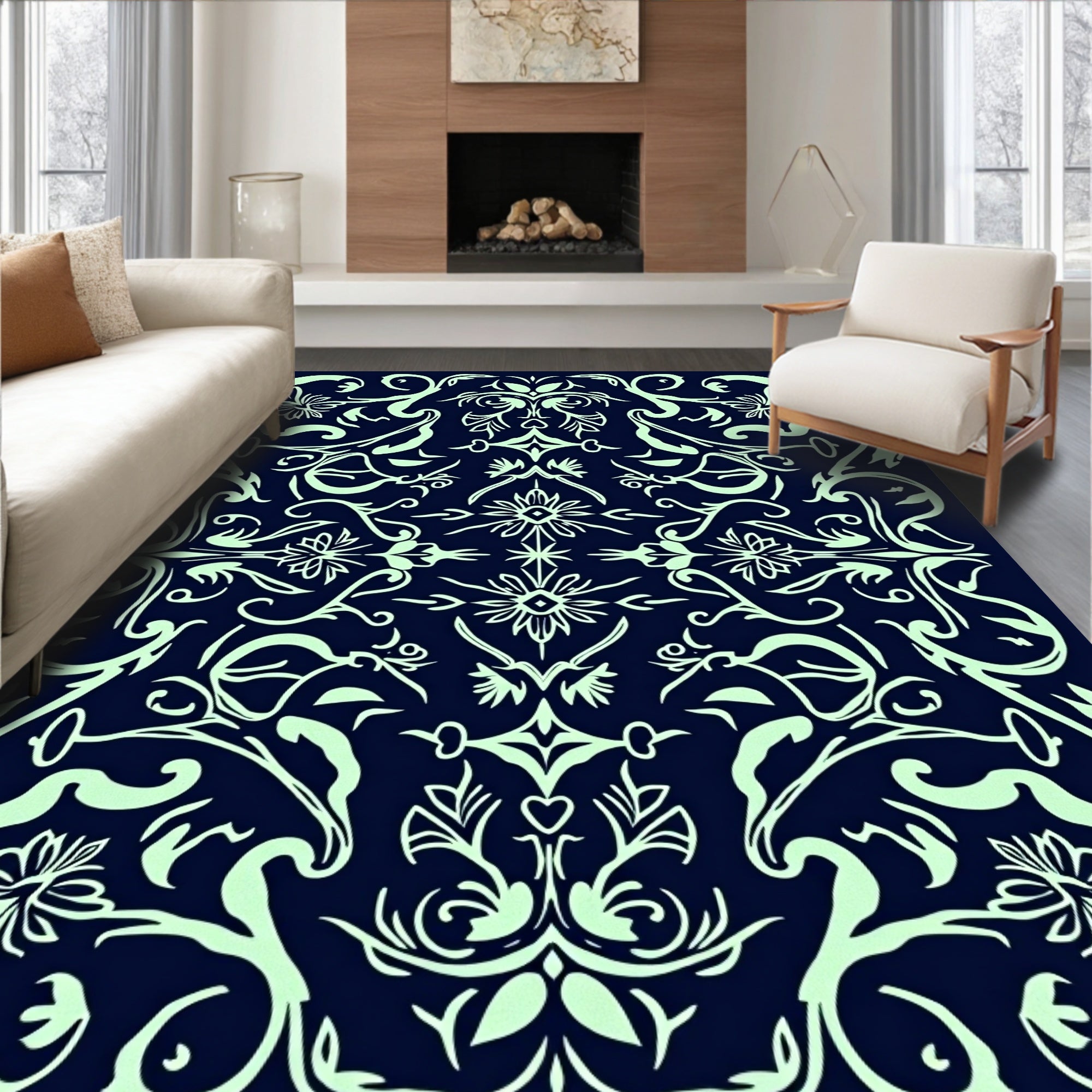 Pale Green Vintage Floral Scroll Rug