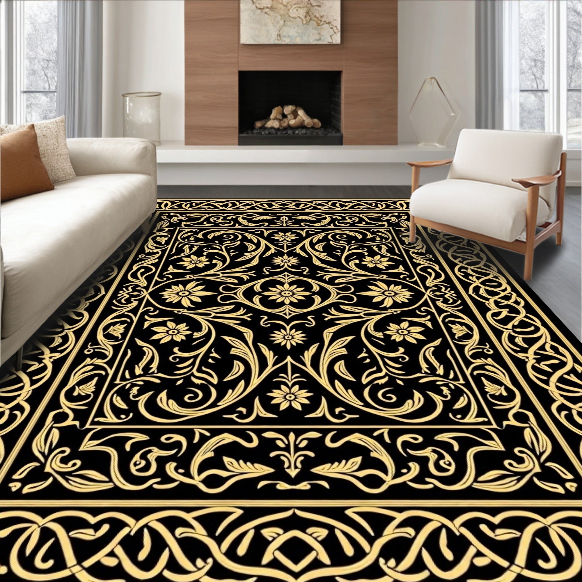 Black Gold Ornate Floral Design Rug