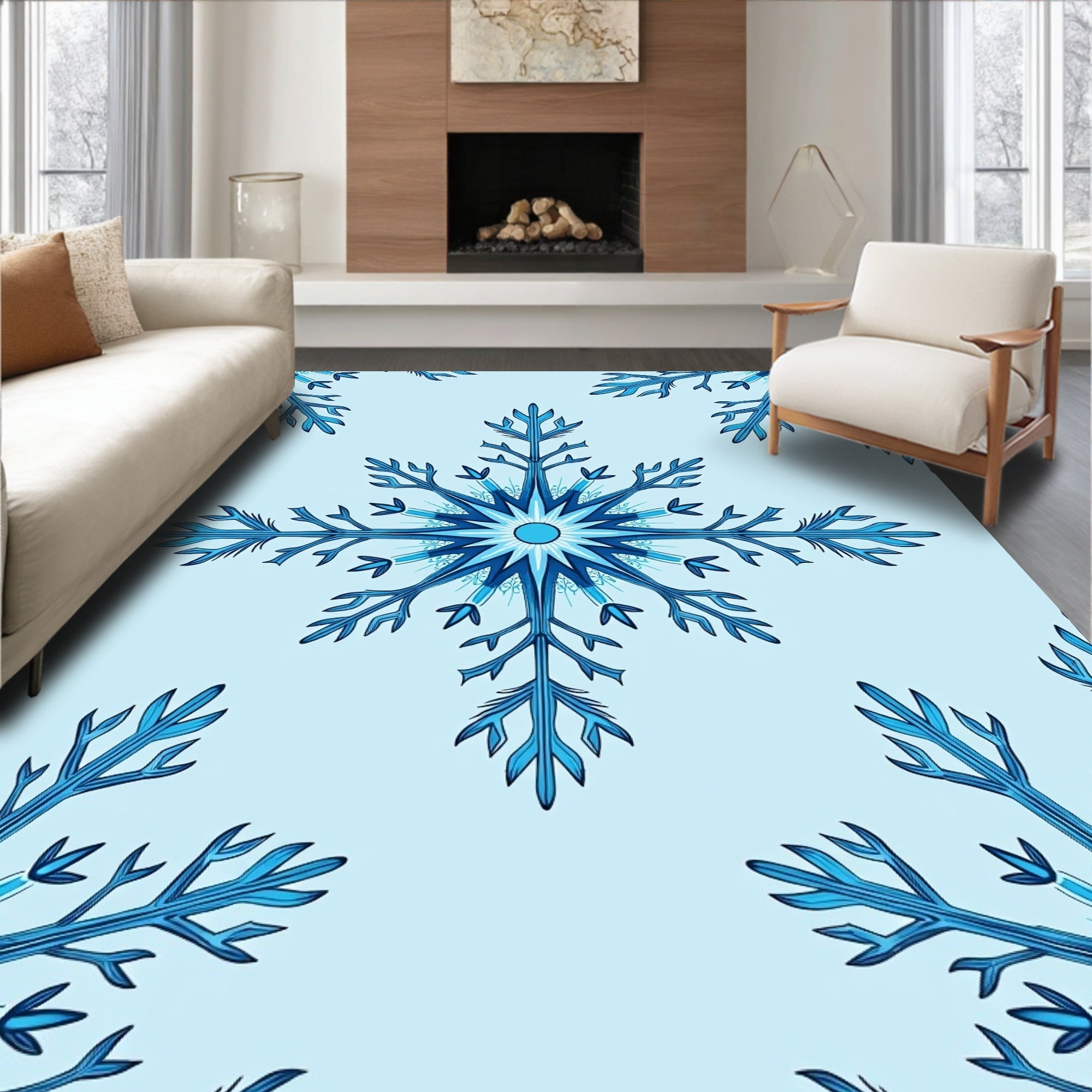 Frosty Blue Snowflake Pattern Rug