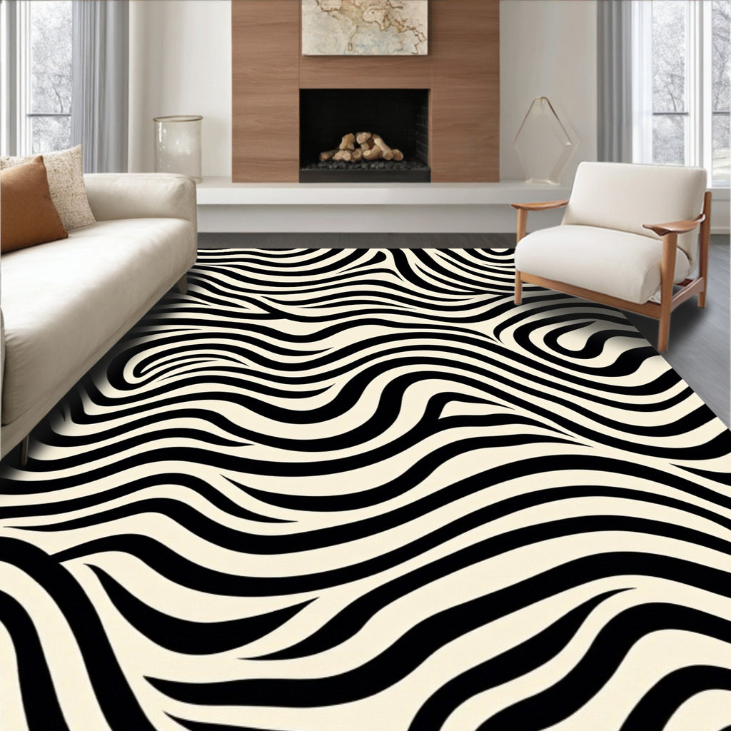 Wavy Black Cream Stripe Rug