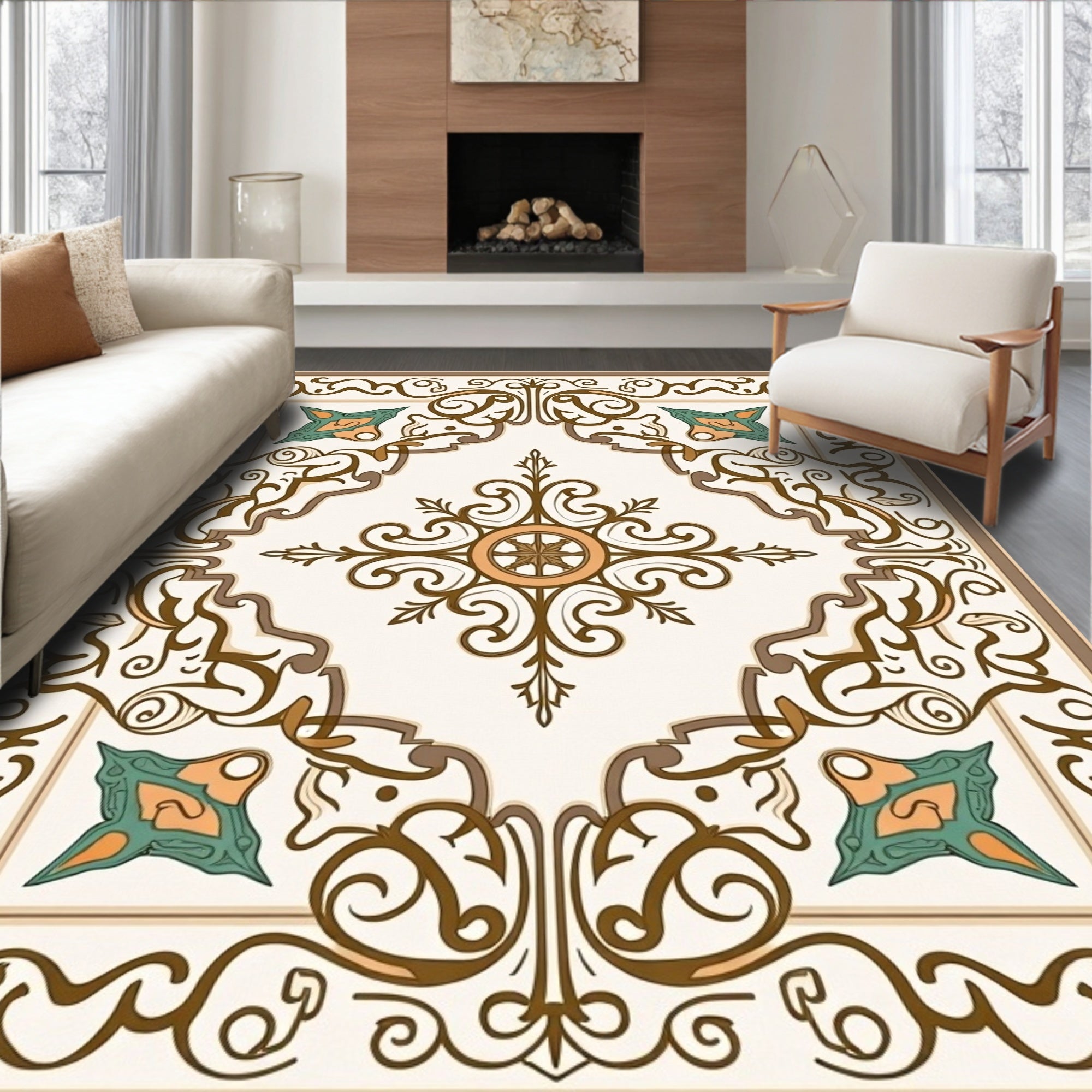 Elegant Beige Scrollwork Floral Medallion Rug