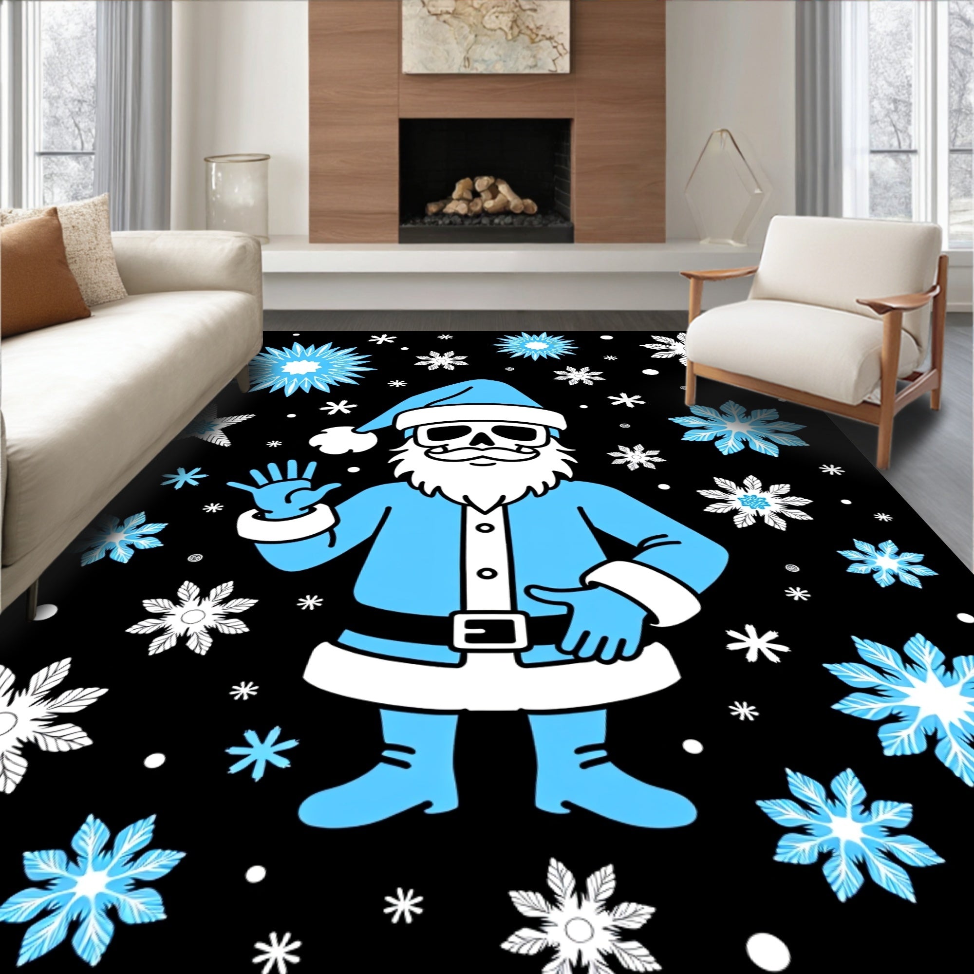 Creepy Blue Santa Snowy Starflakes Rug