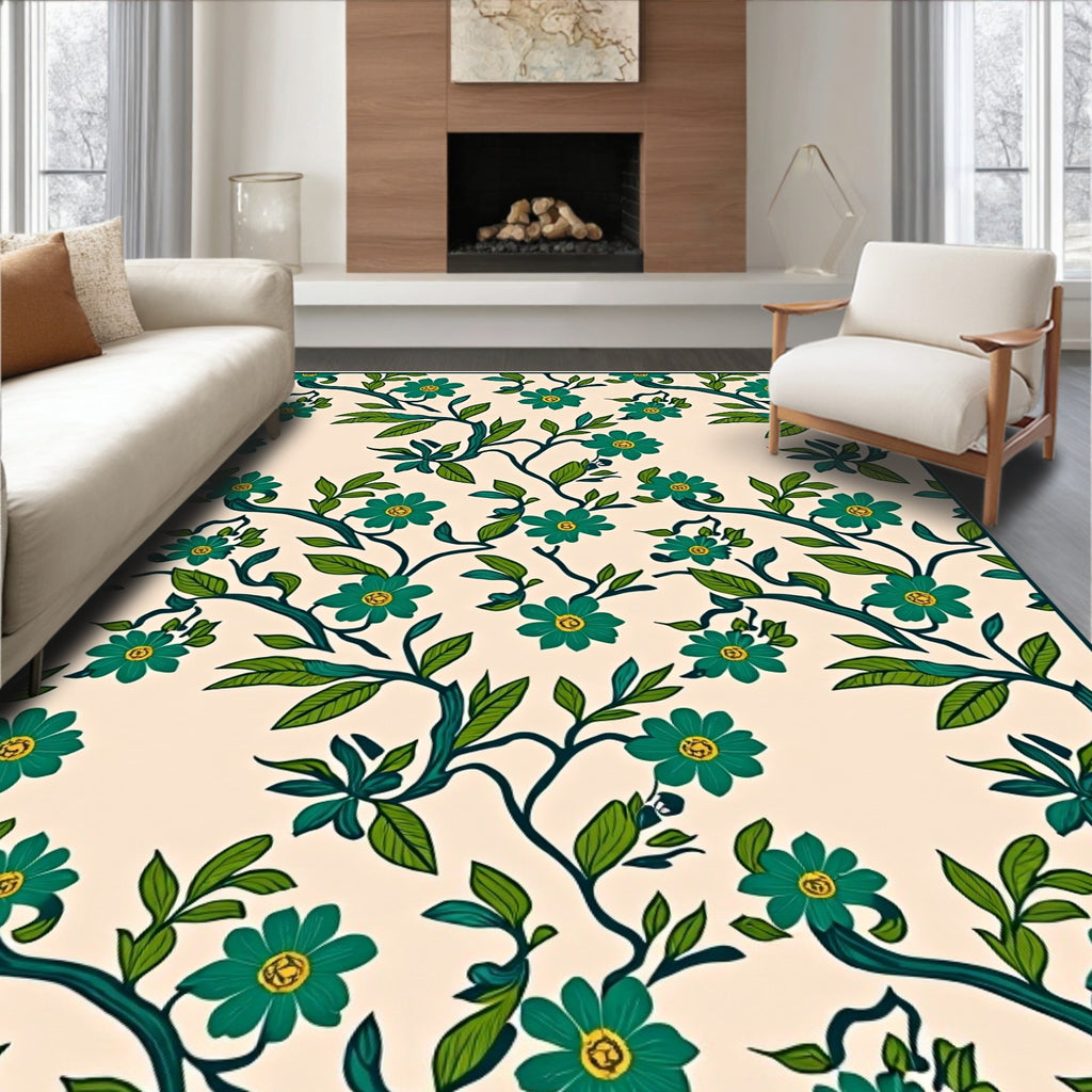 Teal Floral Vines Pattern Rug