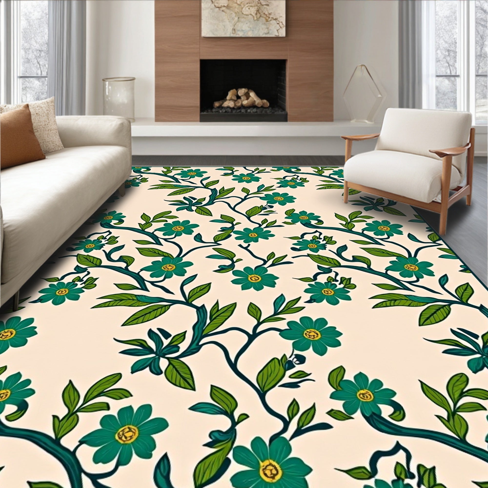 Teal Floral Vines Pattern Rug