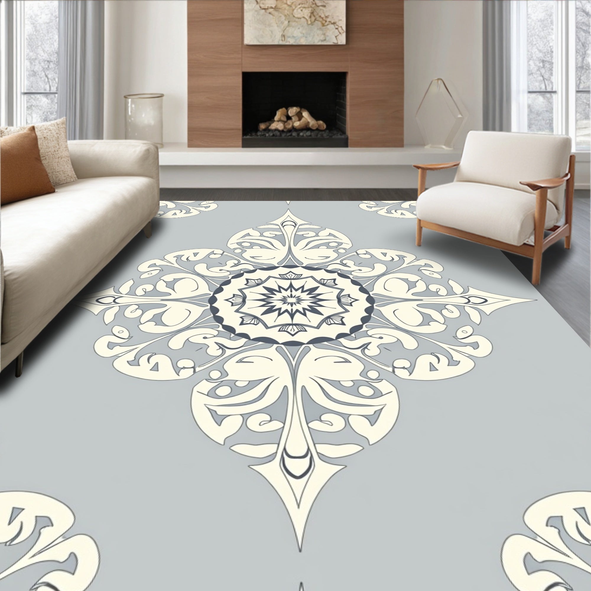 Elegant Cream Grey Floral Mandala Rug