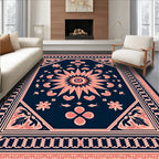 Coral And Navy Floral Medallion Rug