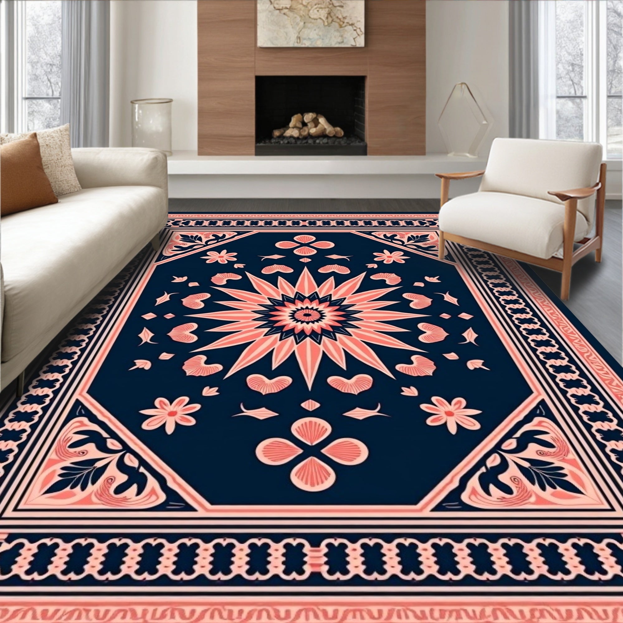 Coral And Navy Floral Medallion Rug
