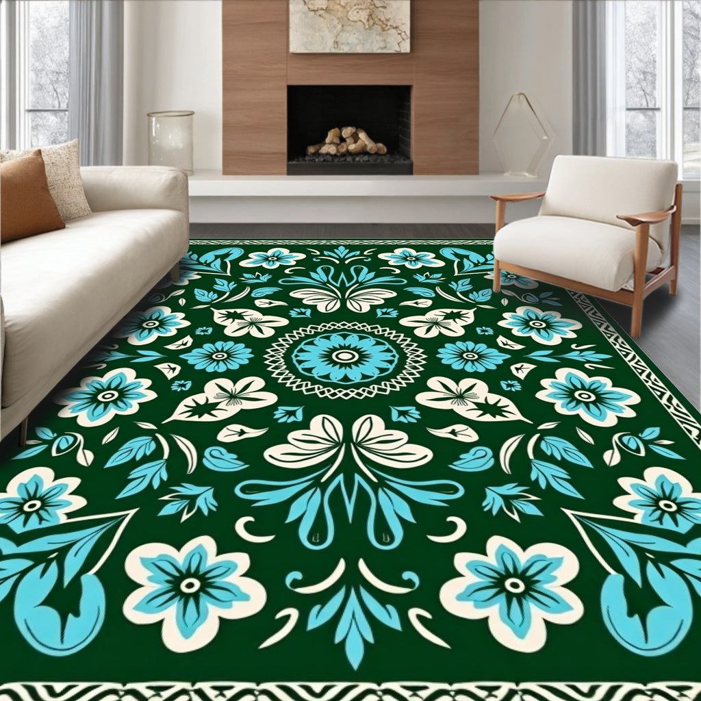 Folk Flowers Teal Cream Border Rug