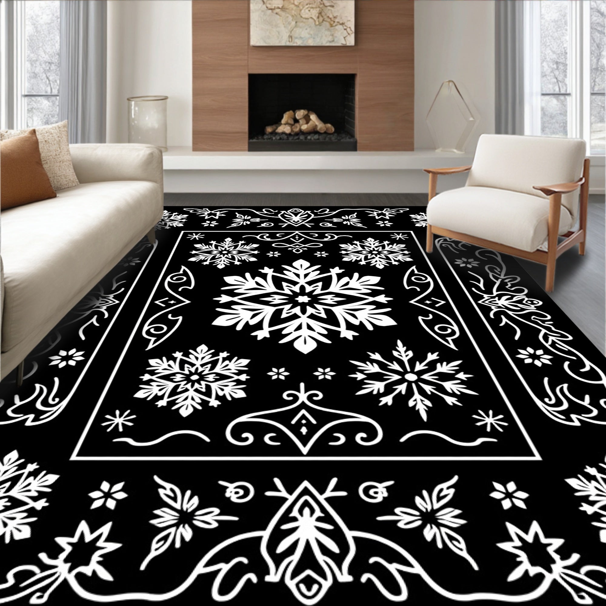 White Snowflake Christmas Frame Rug