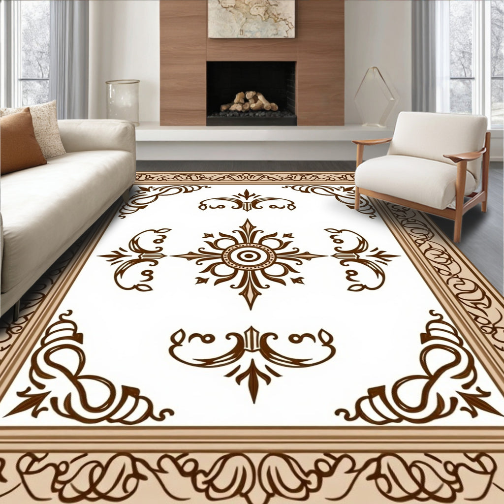 Elegant Brown Floral Scrollwork Border Design Rug