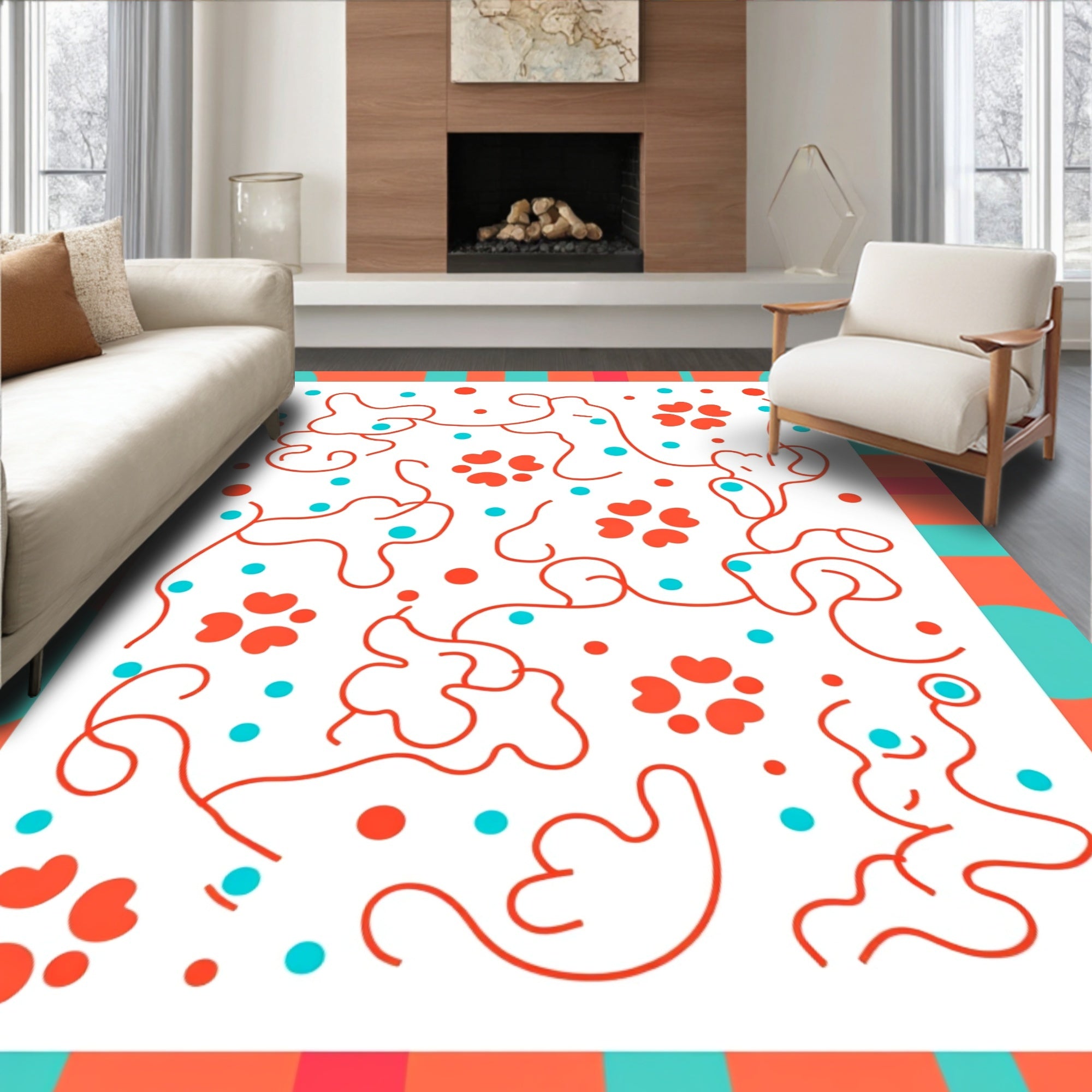 Orange Aqua Heart Swirl Design Rug