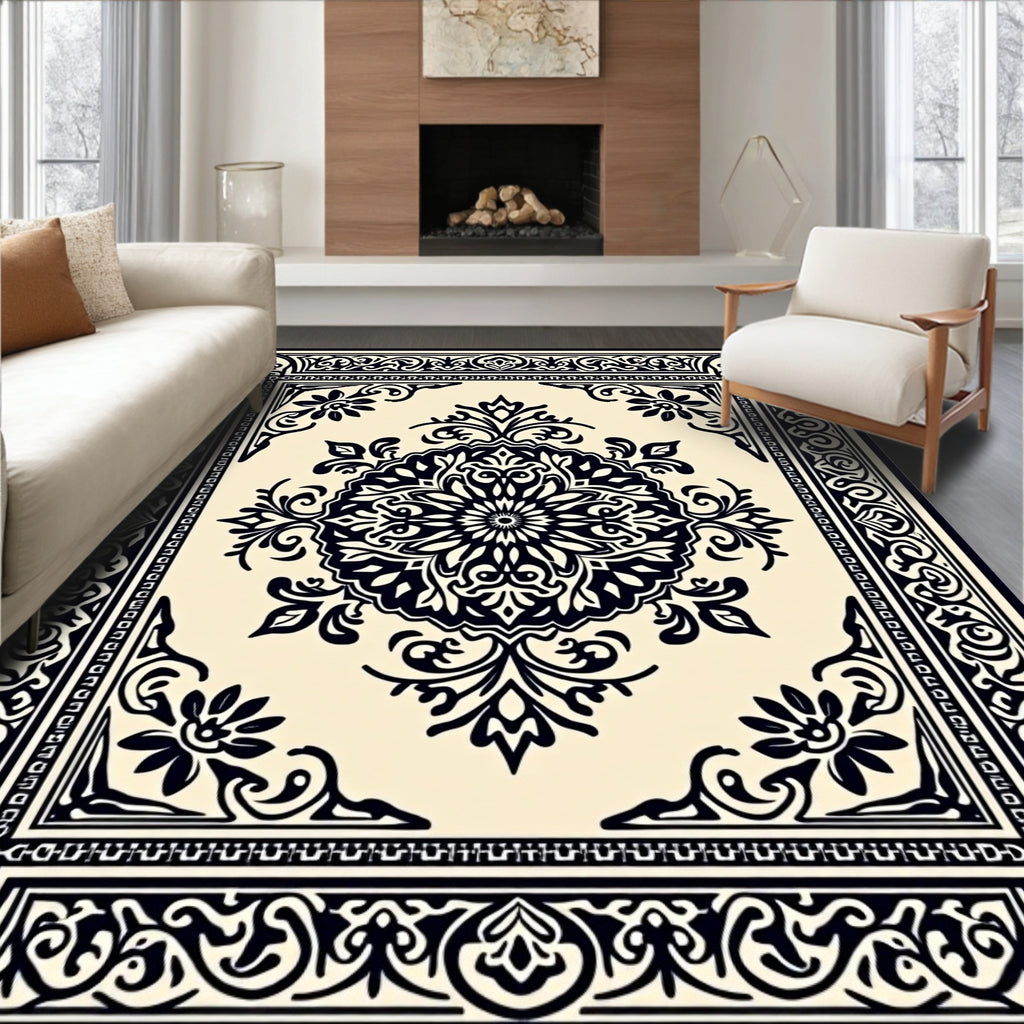 Classic Black Ivory Floral Medallion Rug