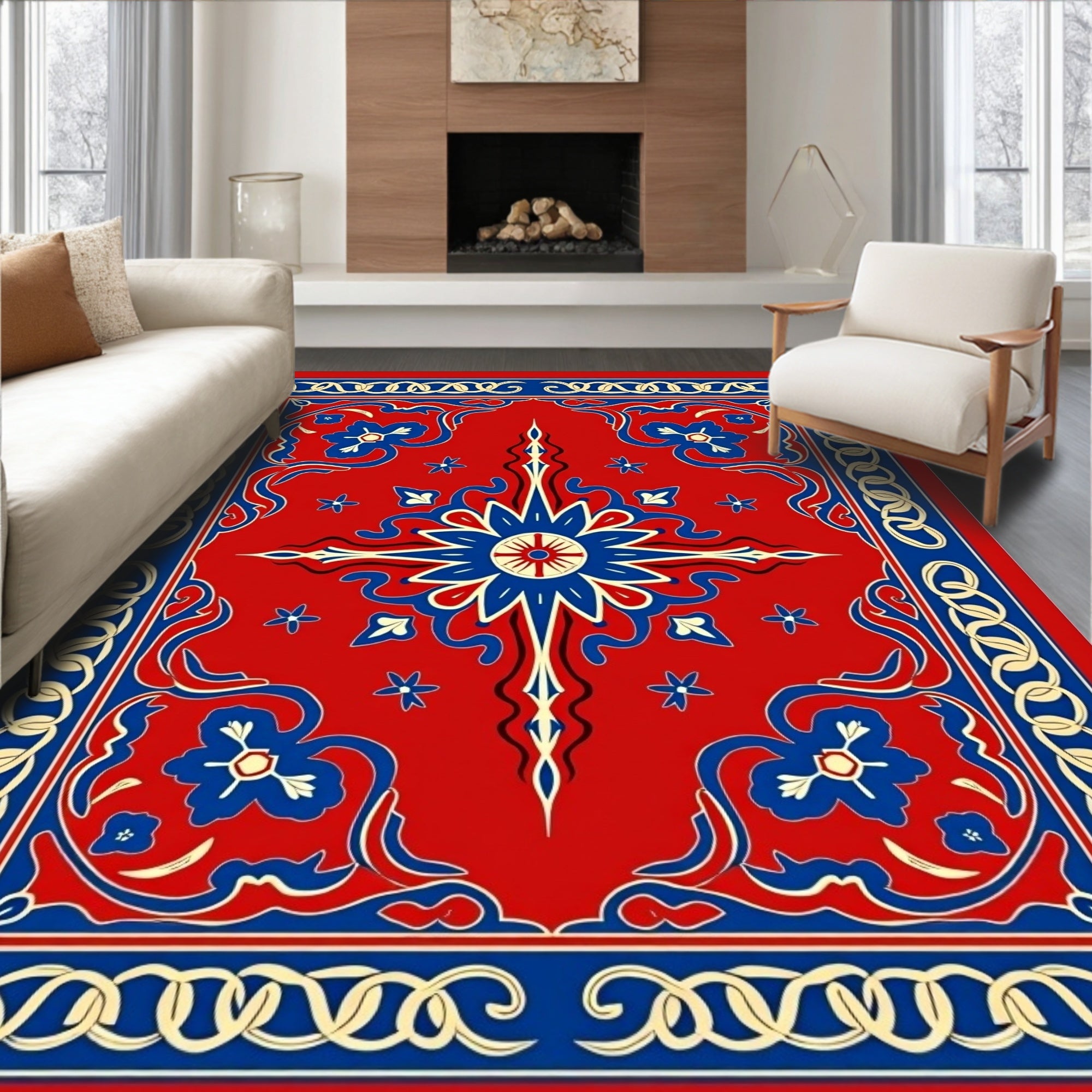 Red Blue Floral Chain Medallion Rug