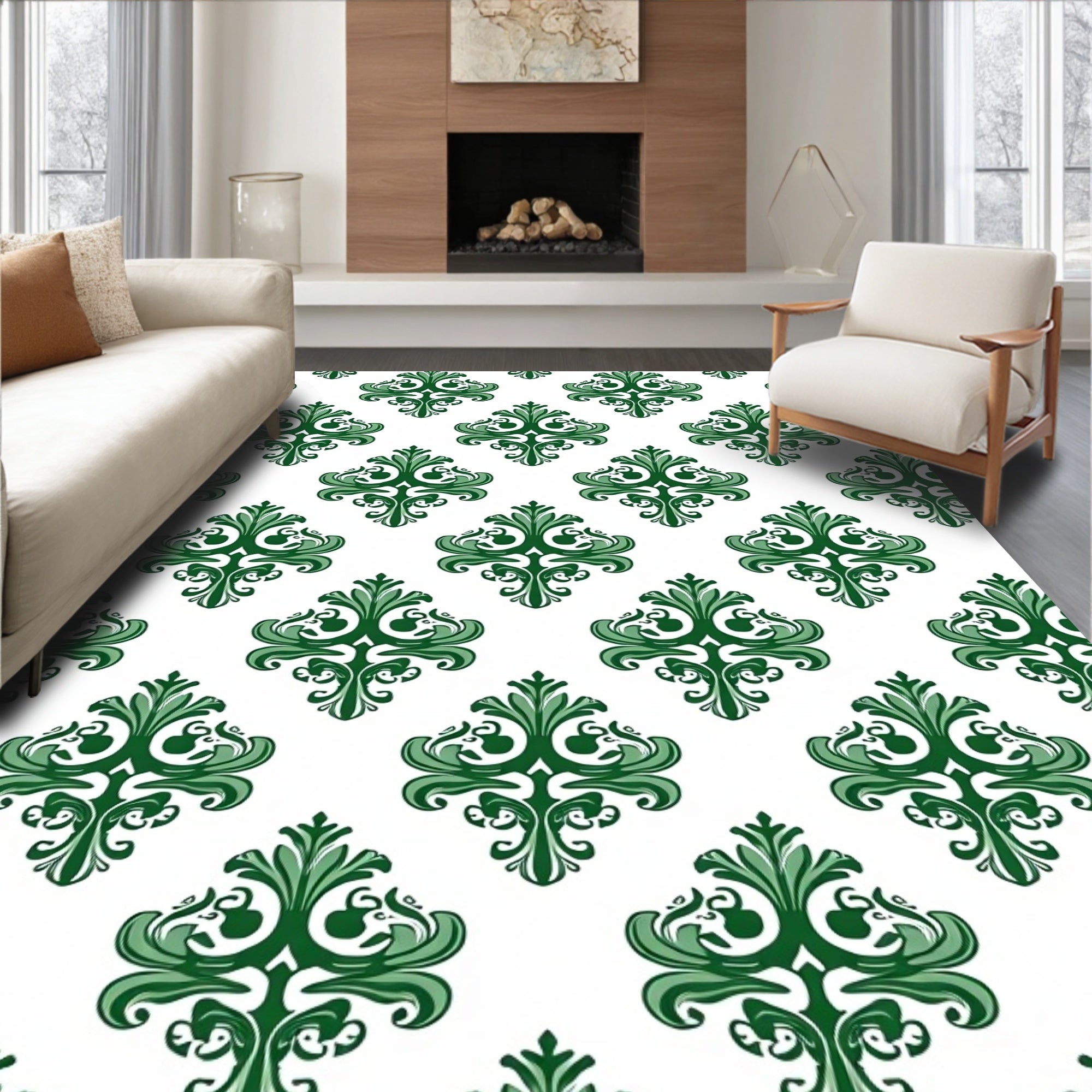 Green Damask Traditional Pattern Rug
