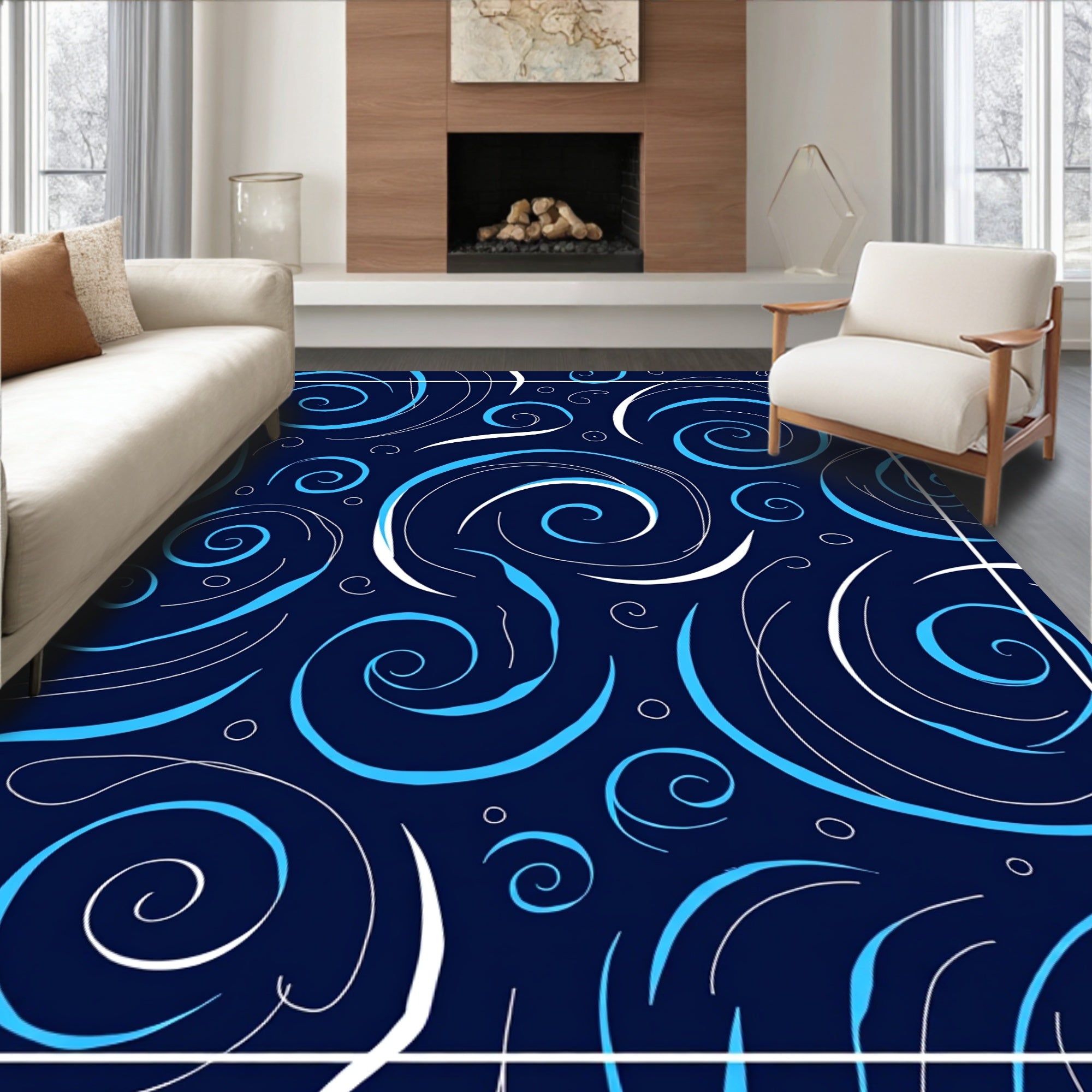 Abstract Swirling Blue White Lines Rug