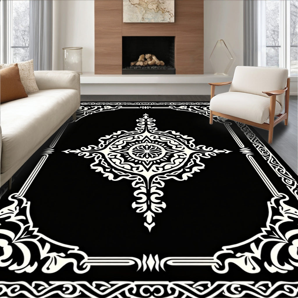 Intricate Black White Mandala Patterned Rug