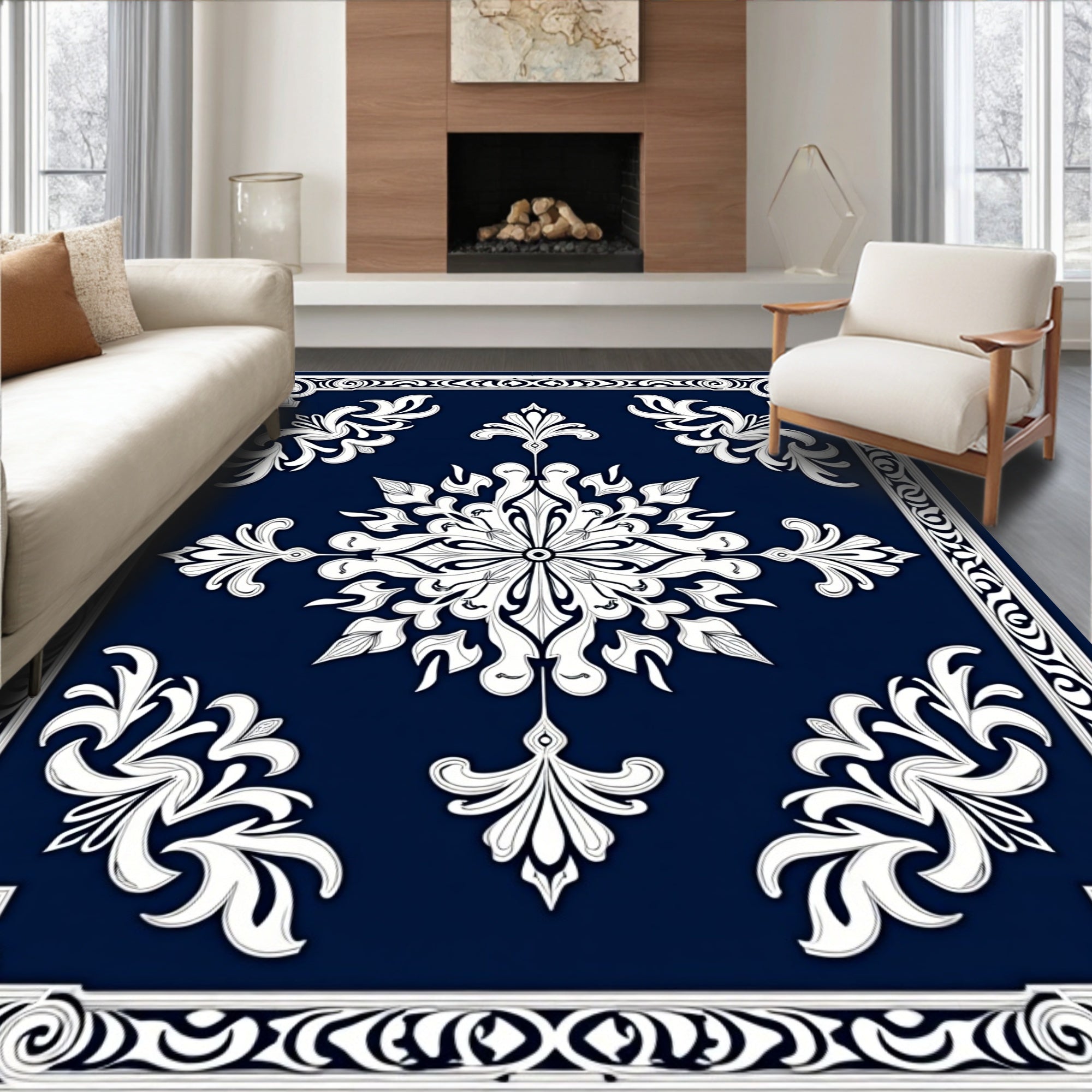 Classic Floral Ornate Navy Rug