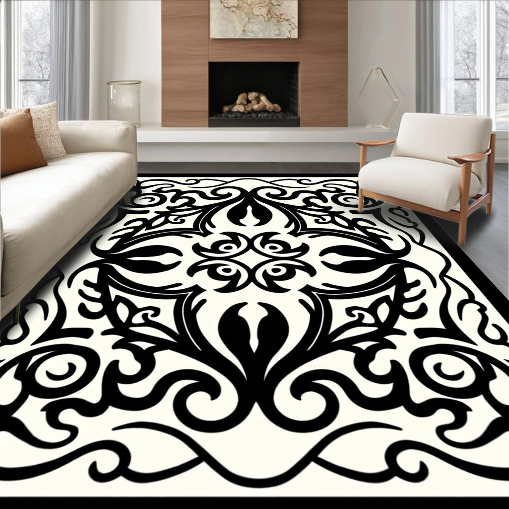 Black White Floral Scroll Work Rug