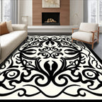 Black White Floral Scroll Work Rug