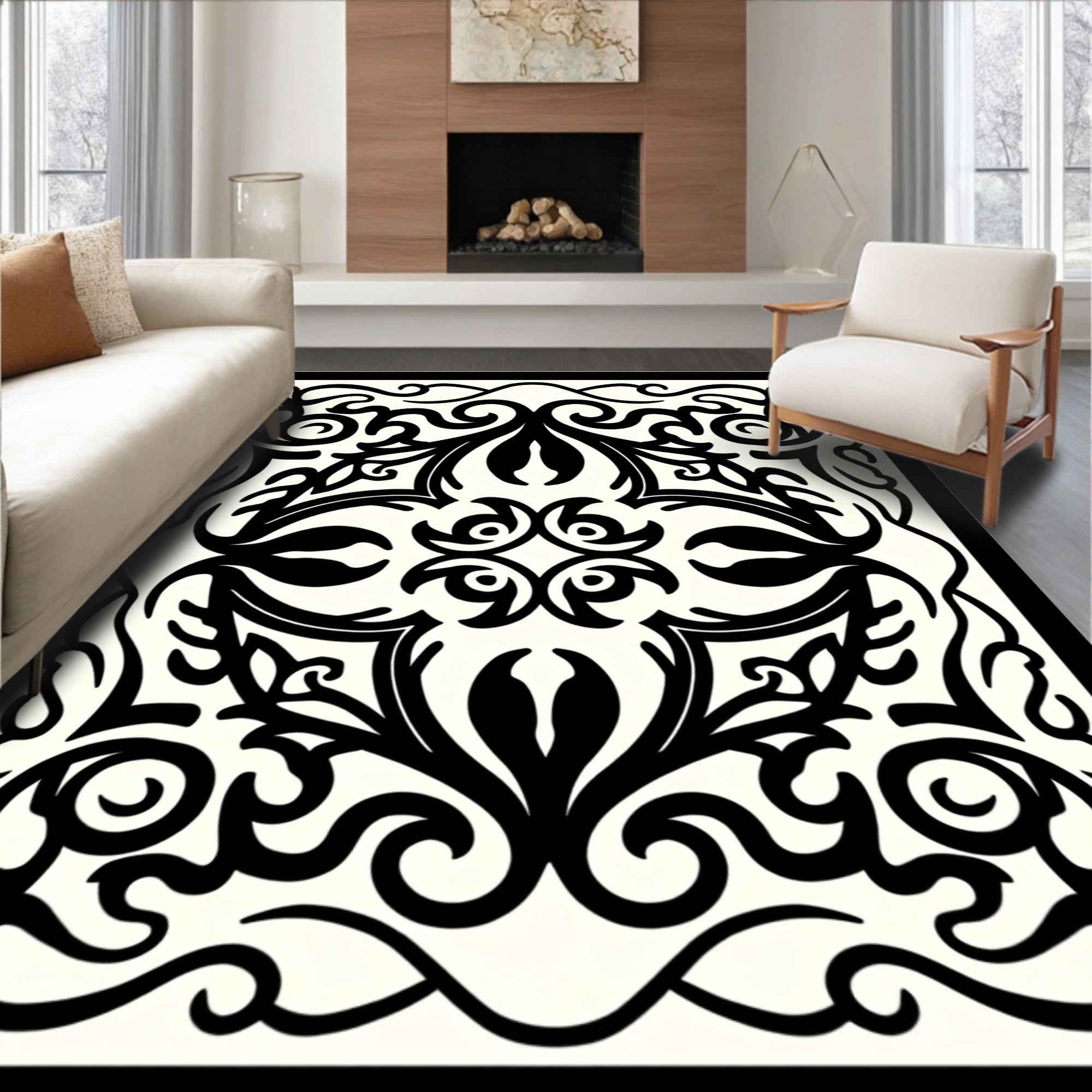 Black White Floral Scroll Work Rug