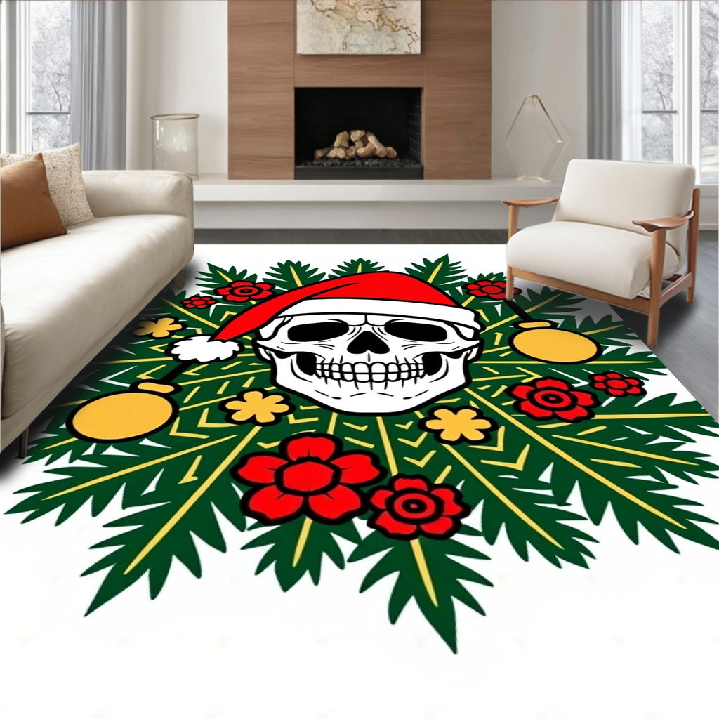 Festive Skull Red Green Baubles Wreath Rug