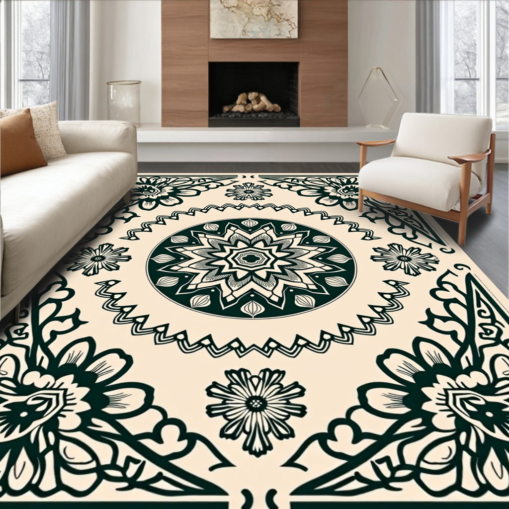 Floral Mandala Centerpieces Border Design Rug