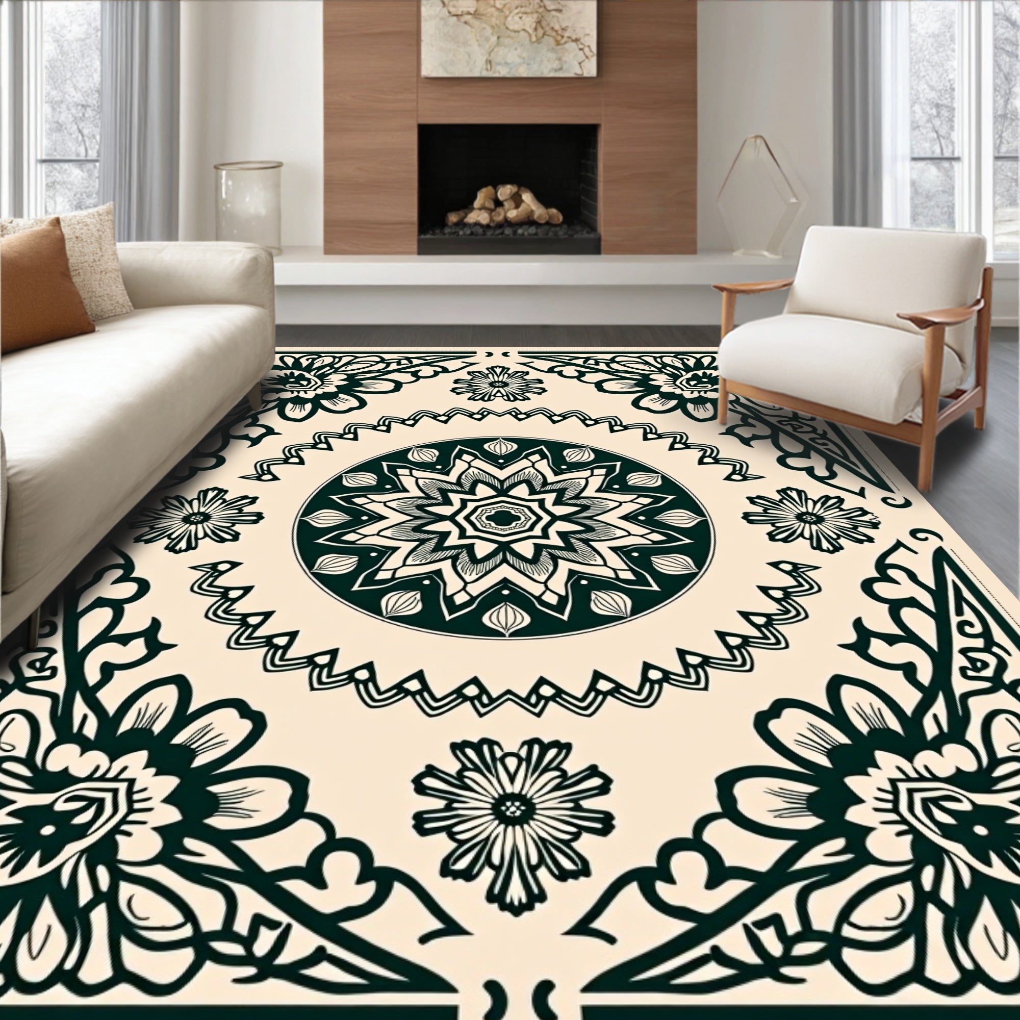 Floral Mandala Centerpieces Border Design Rug