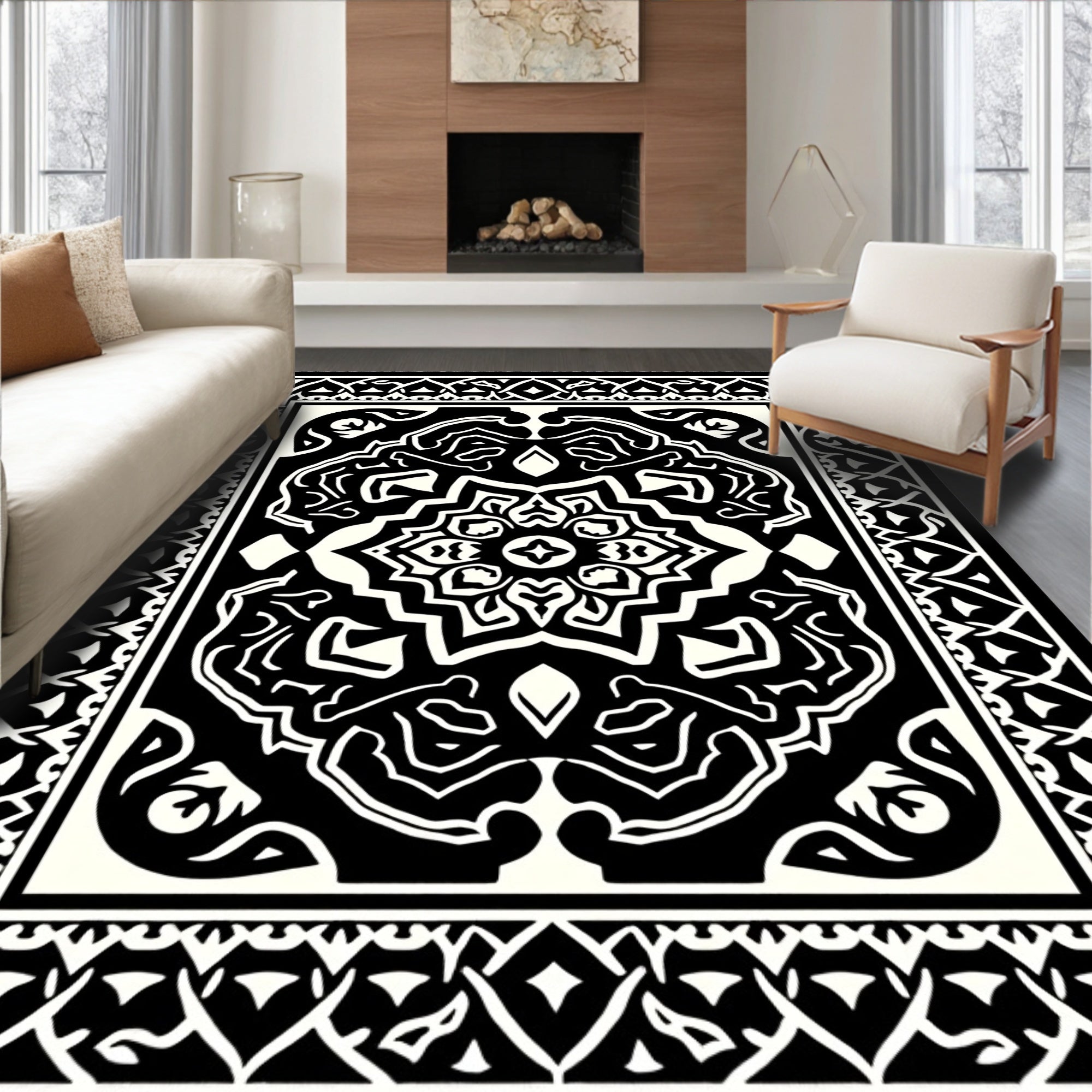 Bold Black White Intricate Mandala Rug
