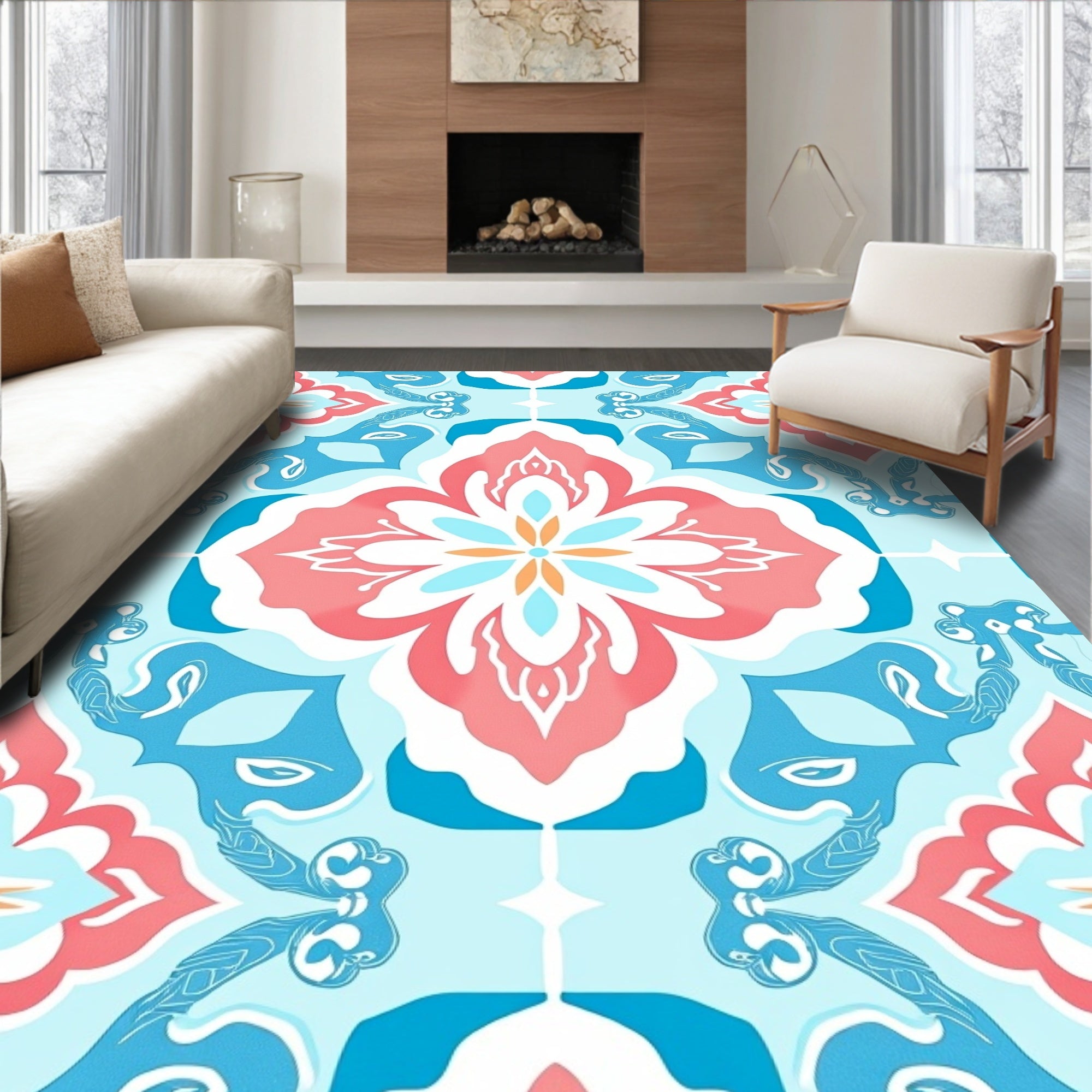 Coral Blue Floral Medallion Pattern Rug