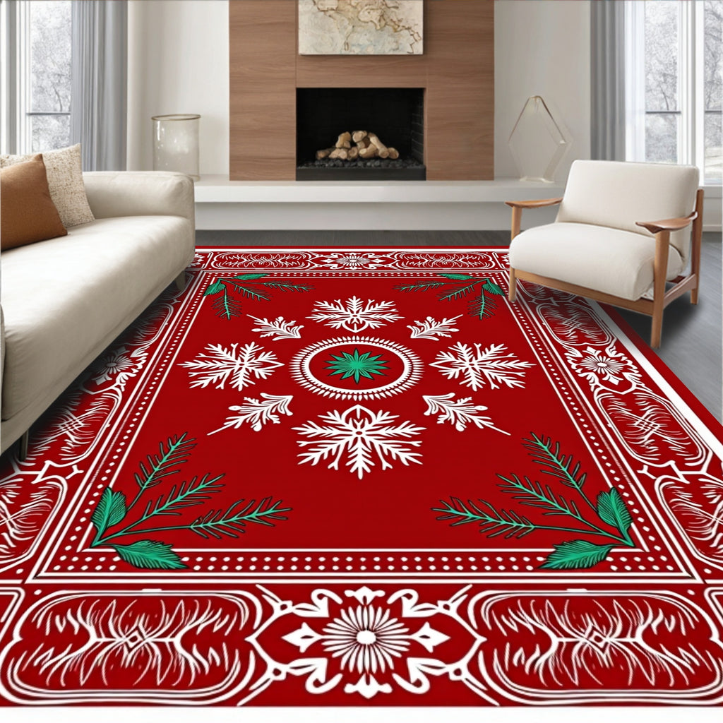 Crimson Snowflakes Festive Forest Border Rug