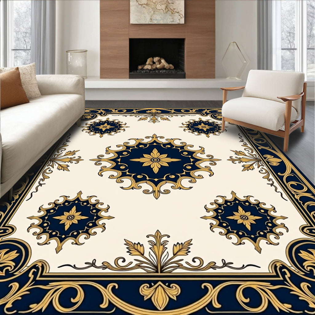 Elegant Navy Gold Floral Motif Rug